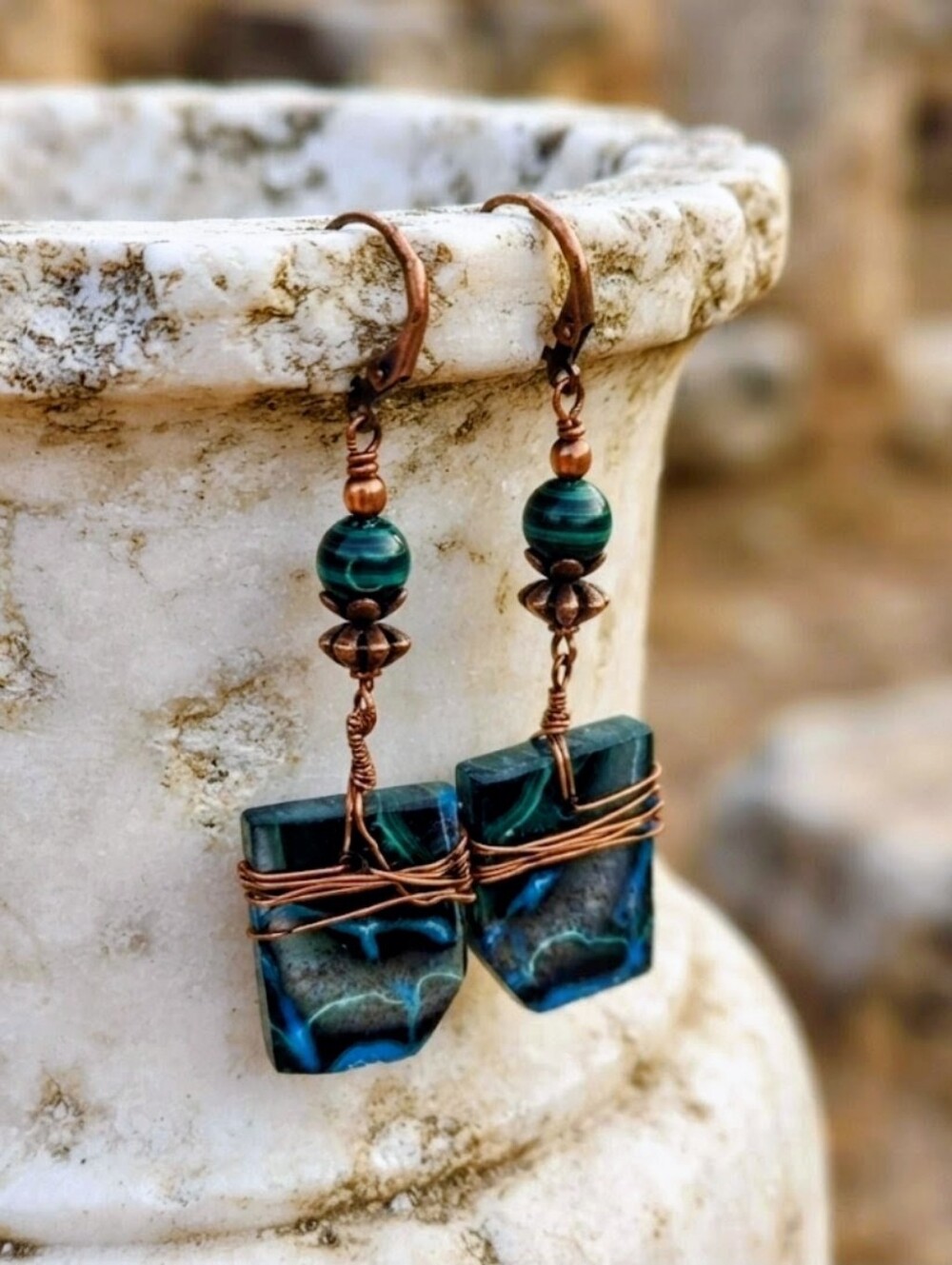 Natural Large Congolese Malachite In Handmade Wired Antique Copper Earrings
